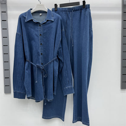 Women's Denim Polo Collar Casual Set