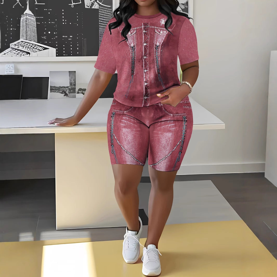 Women's denim printed two-piece set