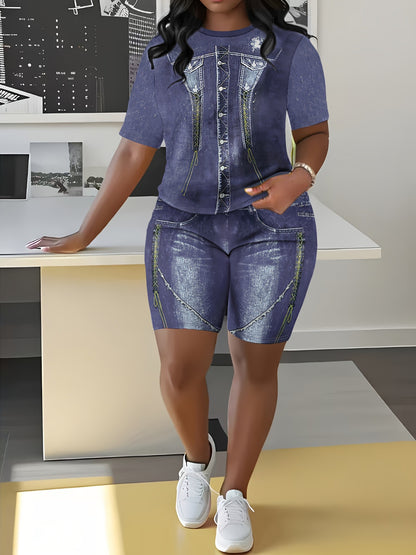 Women's denim printed two-piece set