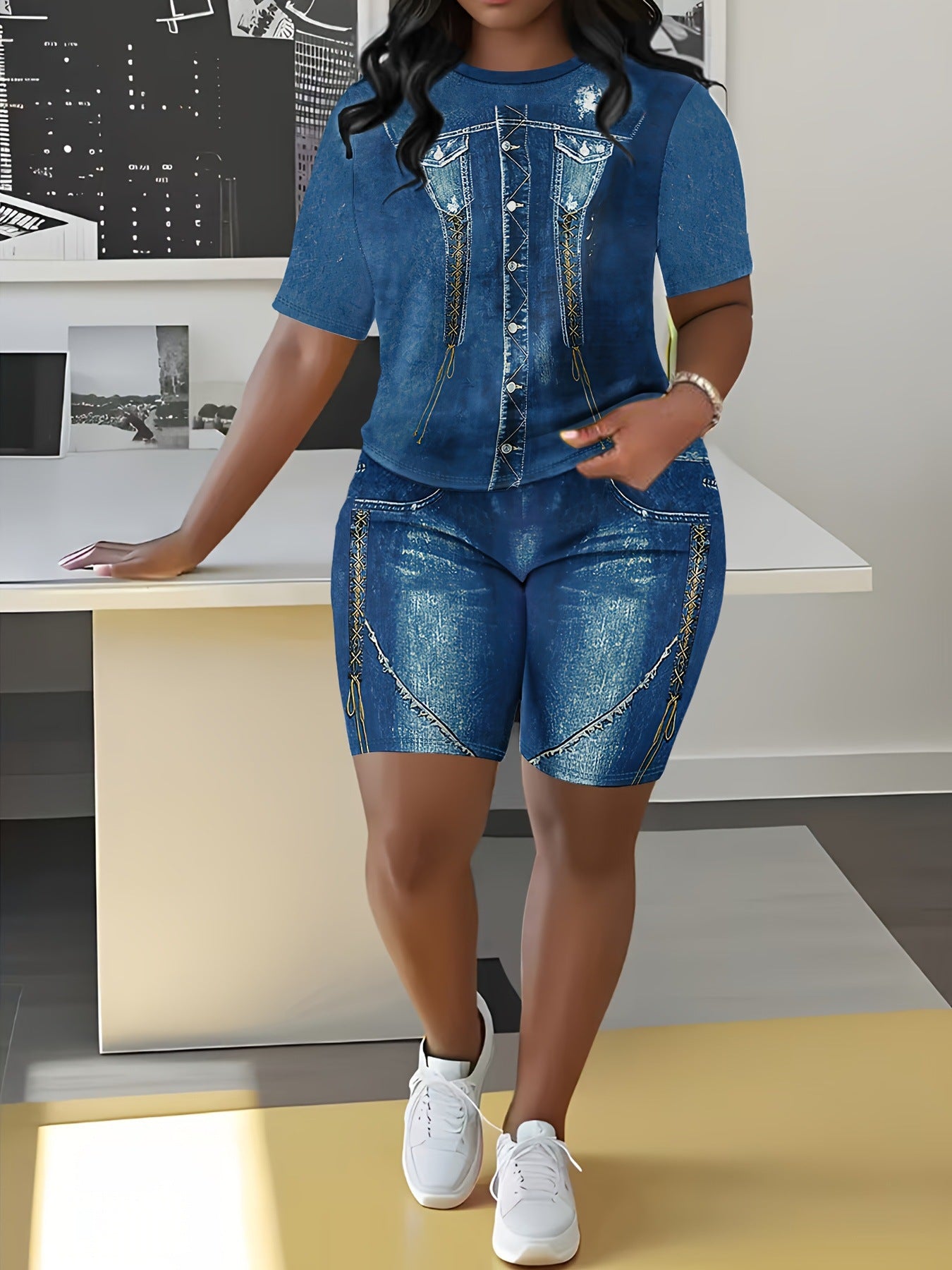Women's denim printed two-piece set