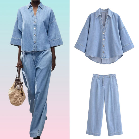 Women's Denim Shirt and Trousers Set