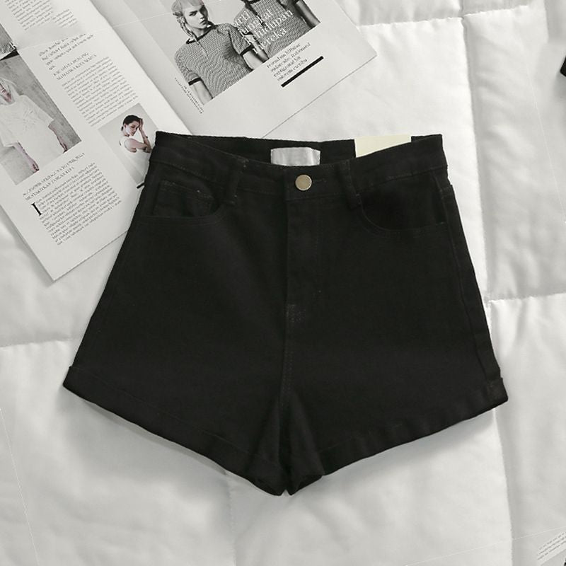 Women's Denim Shorts High-Waisted Trendy Wide-Leg A-Line Slimming Rolled-Up Hot Pants