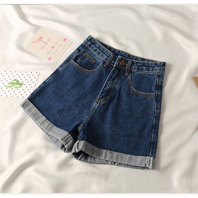 Women's Denim Shorts High-Waisted Trendy Wide-Leg A-Line Slimming Rolled-Up Hot Pants