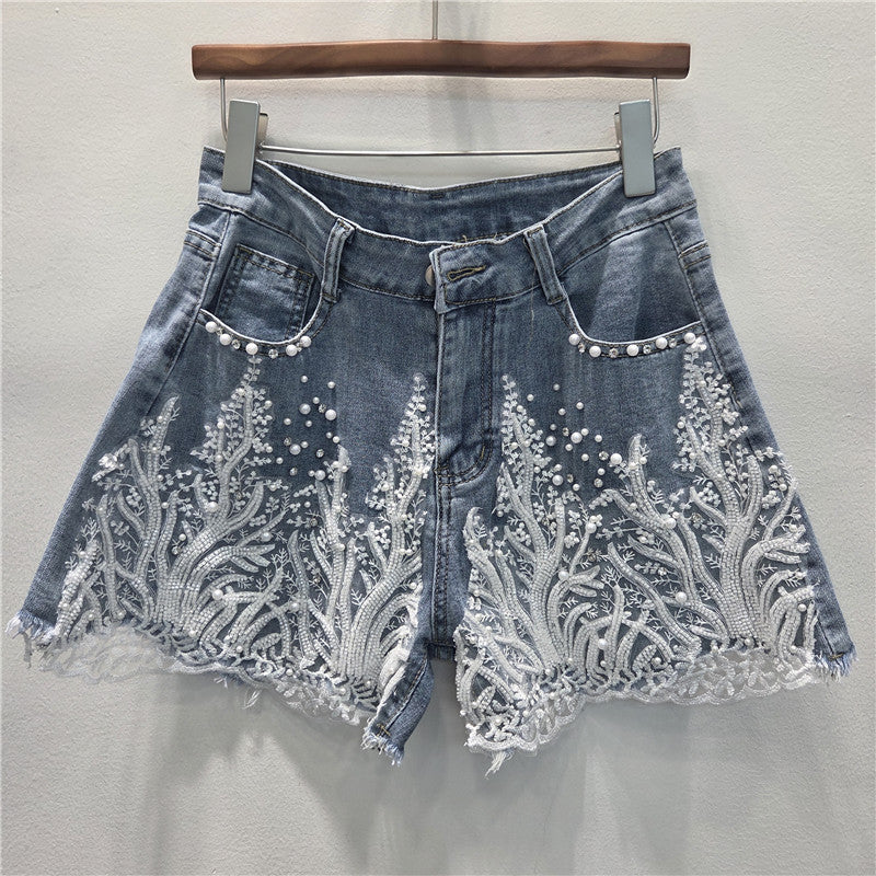 Women's Denim Shorts with Beading and Lace High Waist A-Line Slimming Casual