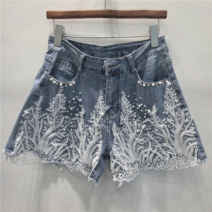 Women's Denim Shorts with Beading and Lace High Waist A-Line Slimming Casual