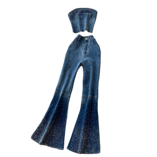 Women's Denim Sleeveless Top and Flared Pants Set