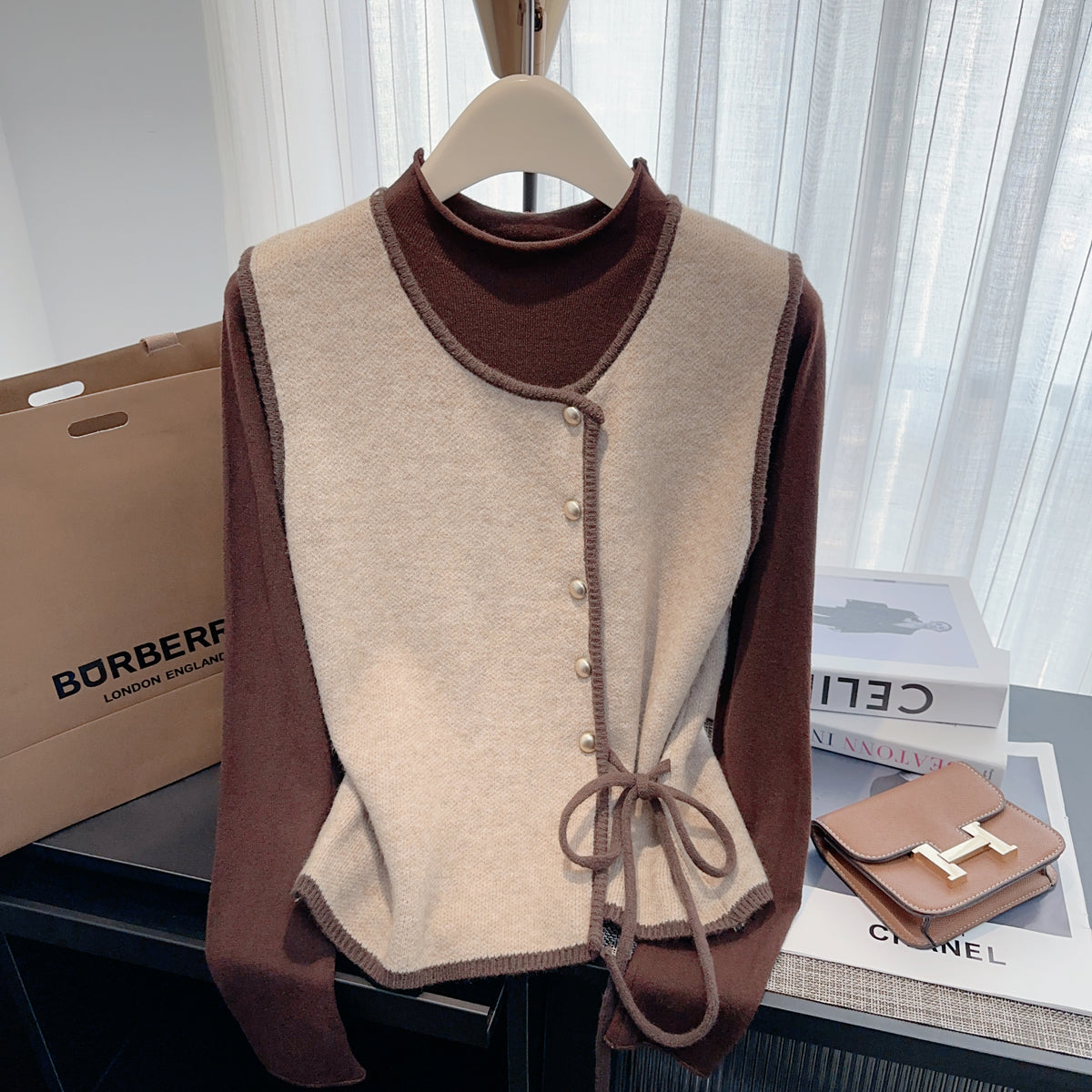 Women's Designer Lace-Up Vest and Long-Sleeve Base Shirt Two-Piece Set
