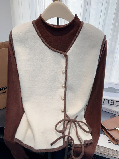 Women's Designer Lace-Up Vest and Long-Sleeve Base Shirt Two-Piece Set