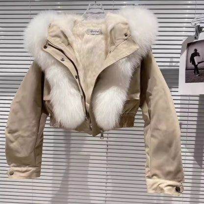 Women's Detachable Fox Fur Collar Jacket with Rabbit Fur Lining