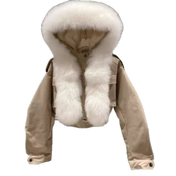 Women's Detachable Fox Fur Collar Jacket with Rabbit Fur Lining