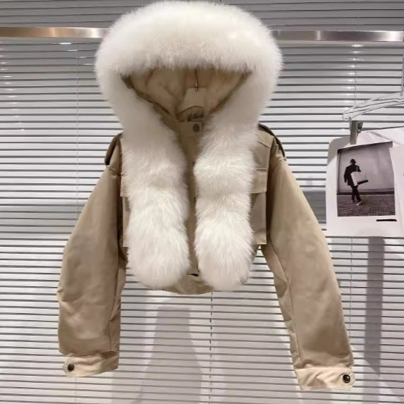 Women's Detachable Fox Fur Collar Jacket with Rabbit Fur Lining