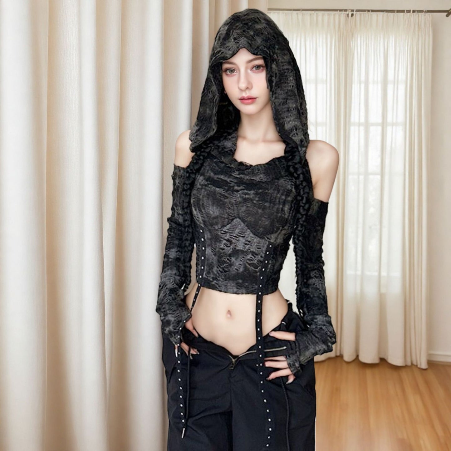 Women's Distressed Hooded Long-sleeve T-shirt