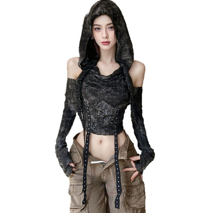 Women's Distressed Hooded Long-sleeve T-shirt