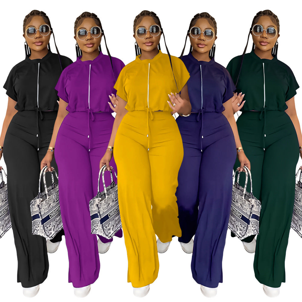 Women's Drawstring Top and High-Waist Split Trousers Set