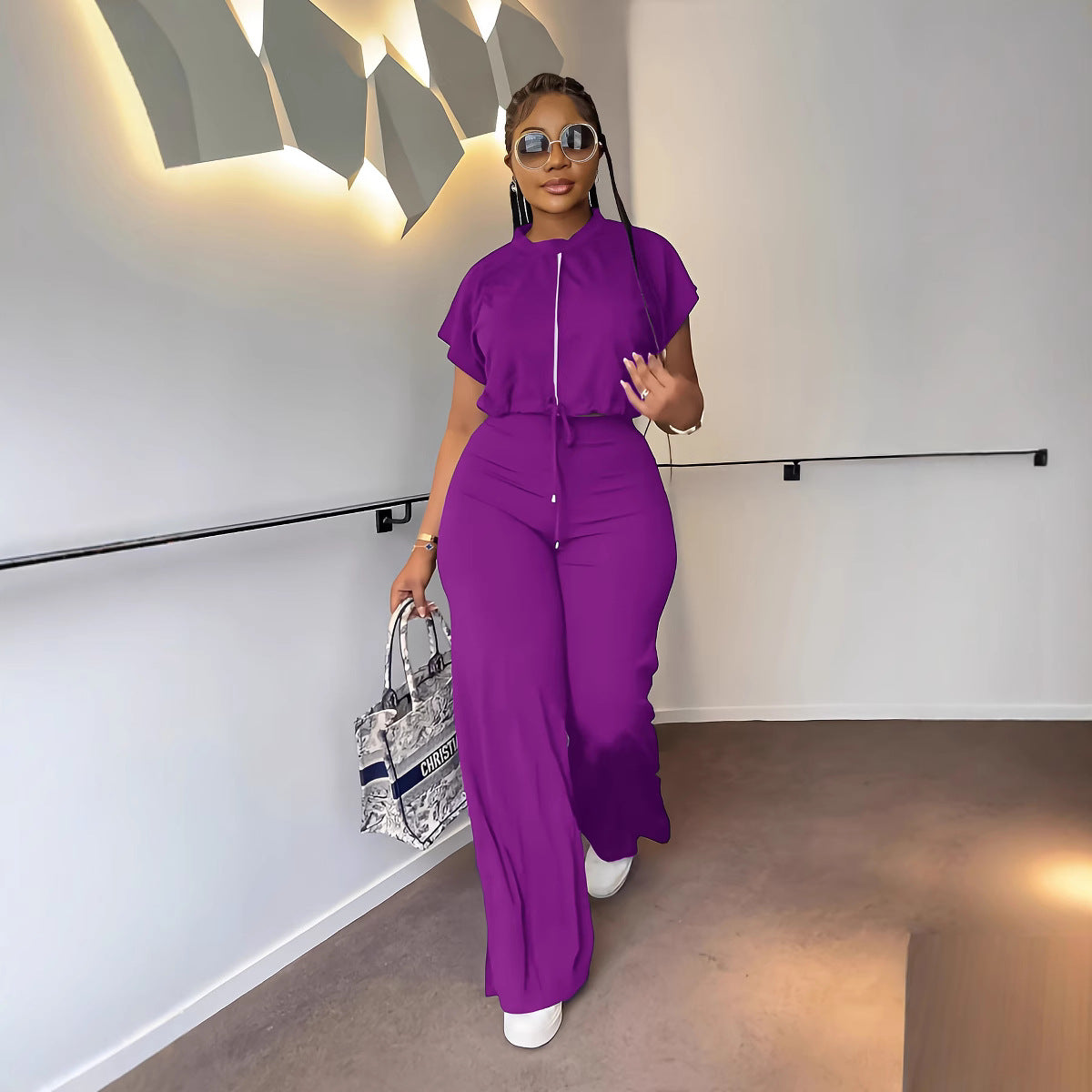 Women's Drawstring Top and High-Waist Split Trousers Set
