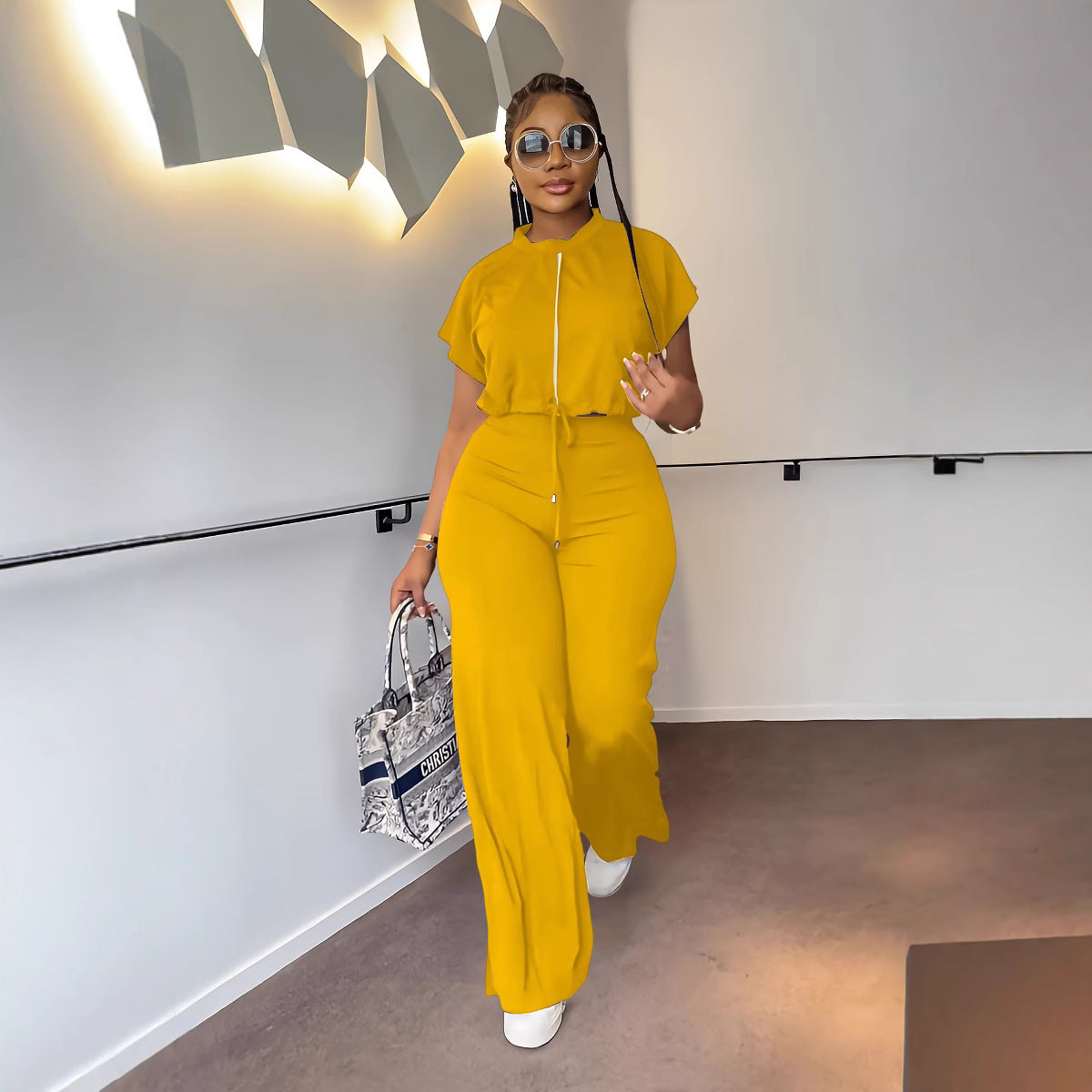 Women's Drawstring Top and High-Waist Split Trousers Set