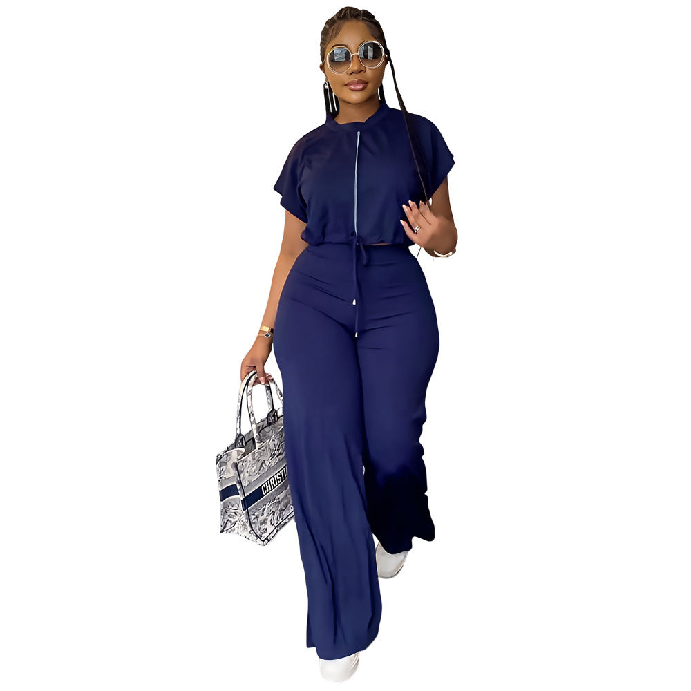 Women's Drawstring Top and High-Waist Split Trousers Set