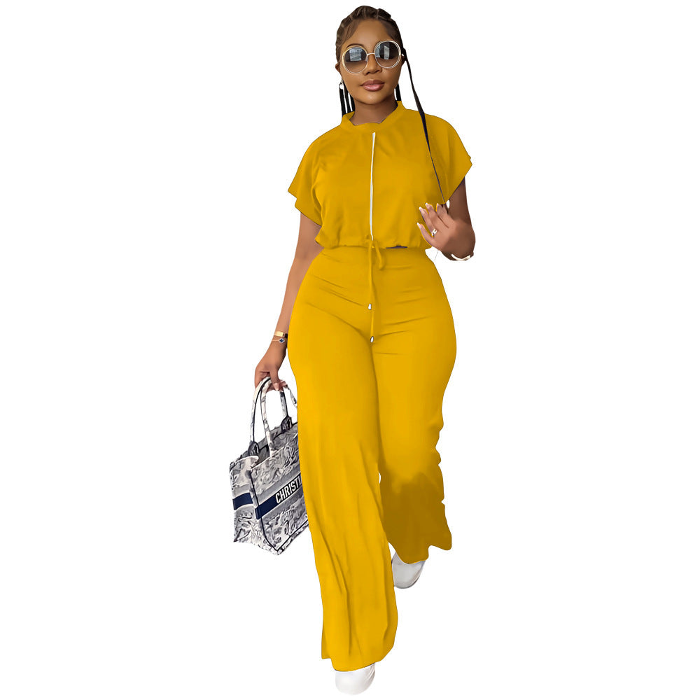 Women's Drawstring Top and High-Waist Split Trousers Set