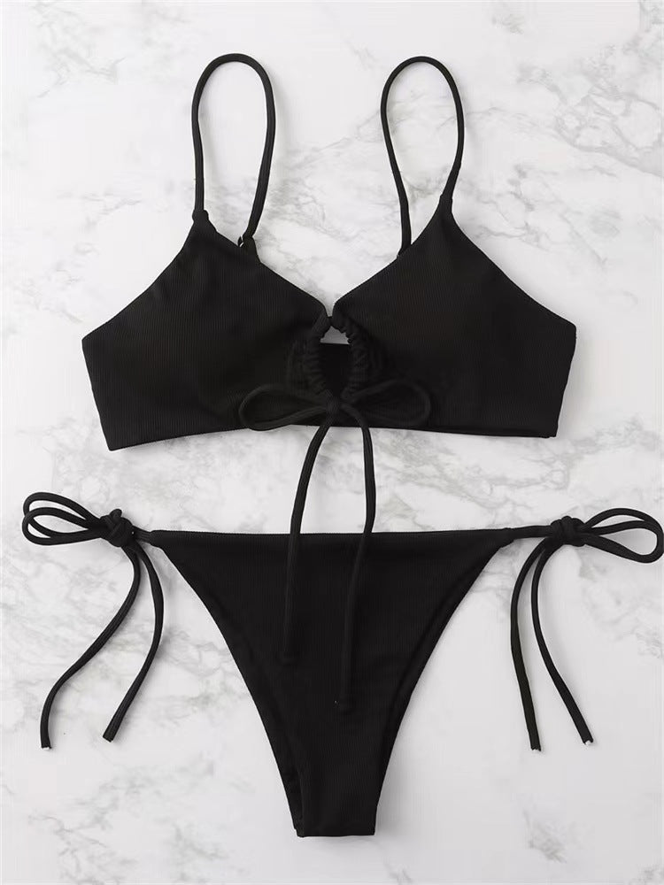 women's elastic drawstring three-point detachable bikini bottom