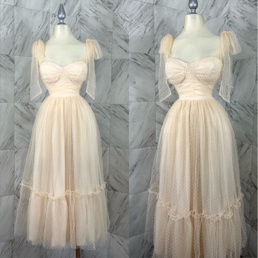Women's Elegant Mesh Evening Dress with Lace-Up Shoulder