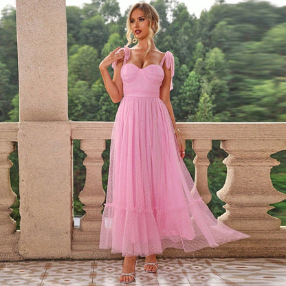 Women's Elegant Mesh Evening Dress with Lace-Up Shoulder