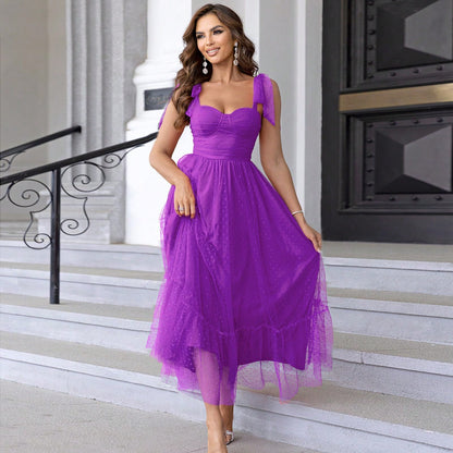 Women's Elegant Mesh Evening Dress with Lace-Up Shoulder