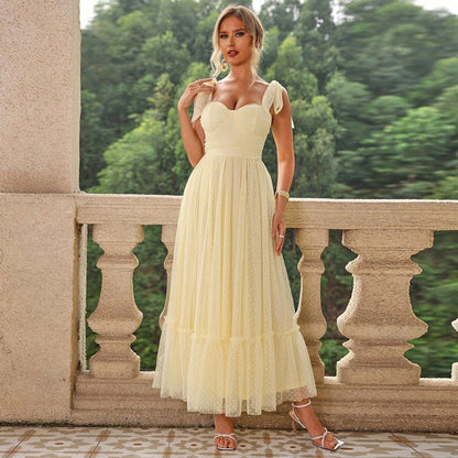Women's Elegant Mesh Evening Dress with Lace-Up Shoulder