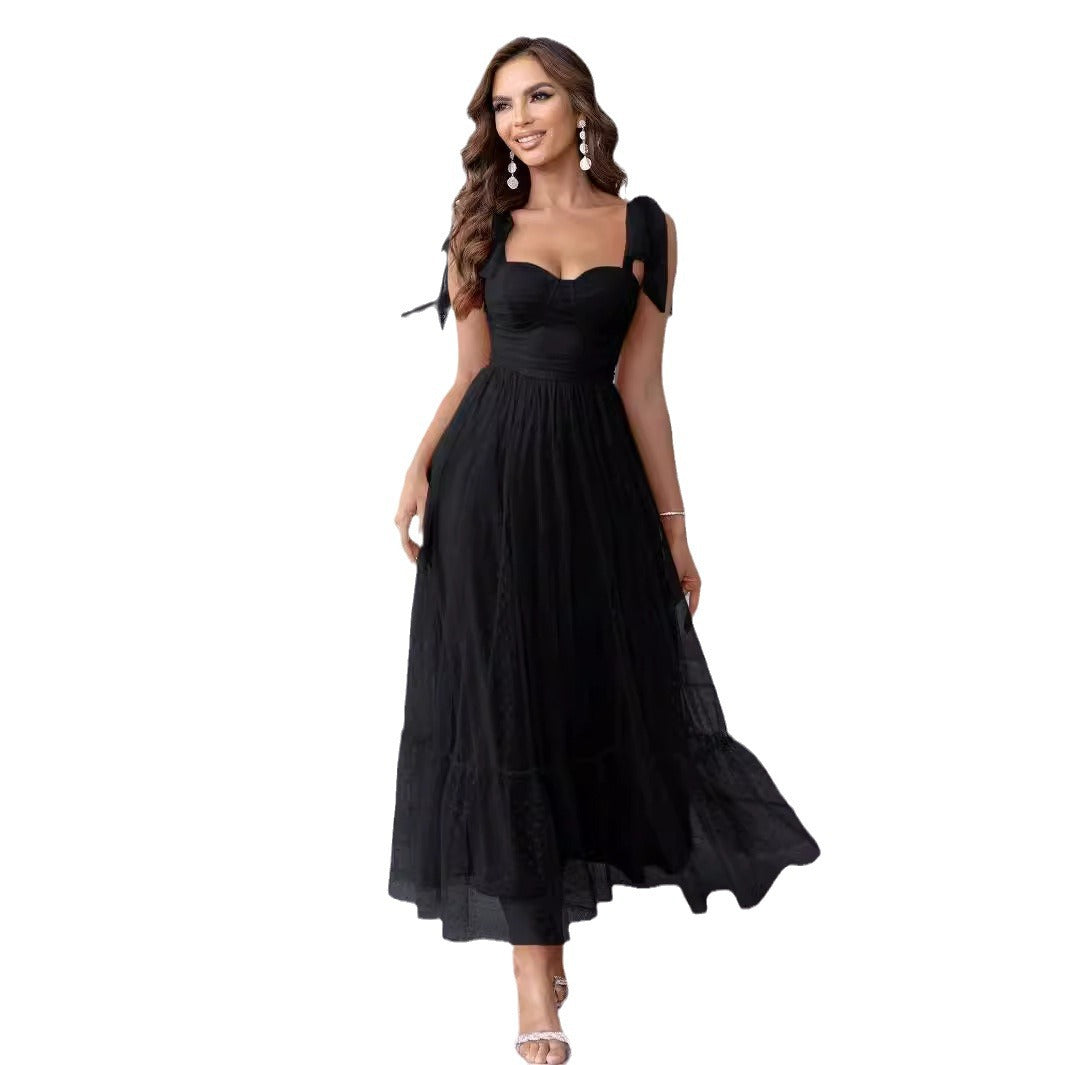 Women's Elegant Mesh Evening Dress with Lace-Up Shoulder