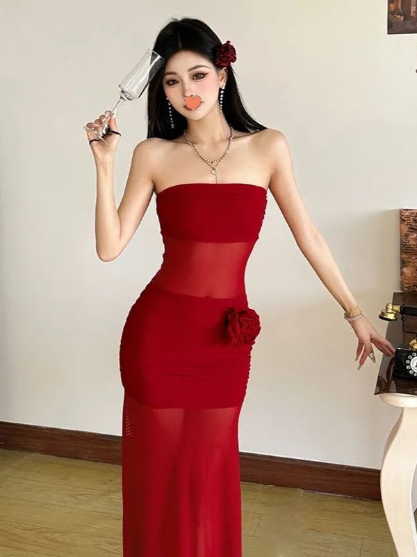 Women's Elegant Mesh Fairy Tube Dress with Floral Print