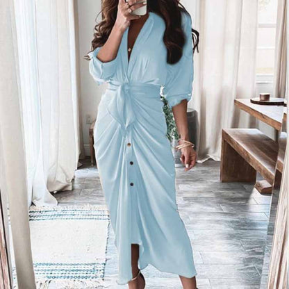 Women's Elegant Pleated V-Neck Long Sleeve Winter Dress