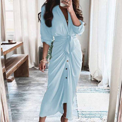 Women's Elegant Pleated V-Neck Long Sleeve Winter Dress