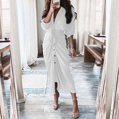 Women's Elegant Pleated V-Neck Long Sleeve Winter Dress