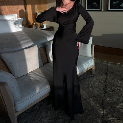 Women's Elegant Round Neck Long Sleeve Waist-Tied Dress