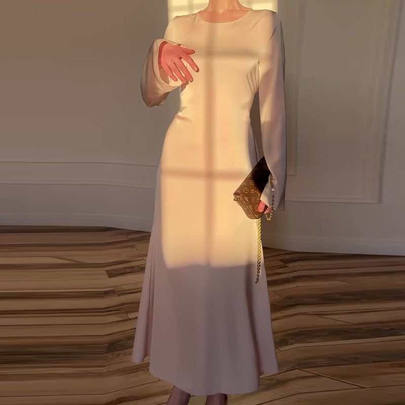 Women's Elegant Round Neck Long Sleeve Waist-Tied Dress