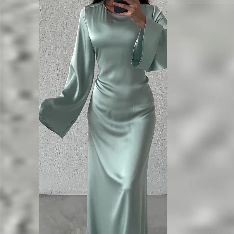 Women's Elegant Round Neck Long Sleeve Waist-Tied Dress