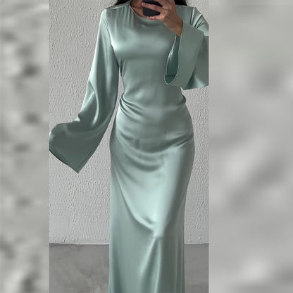 Women's Elegant Round Neck Long Sleeve Waist-Tied Dress