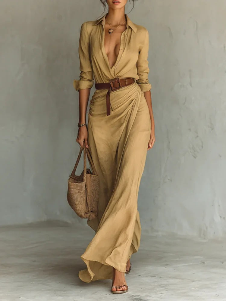 Women's Elegant Solid Color Asymmetrical Pleated Dress with Belt