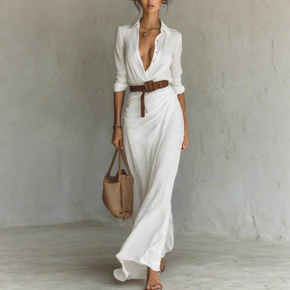 Women's Elegant Solid Color Asymmetrical Pleated Dress with Belt