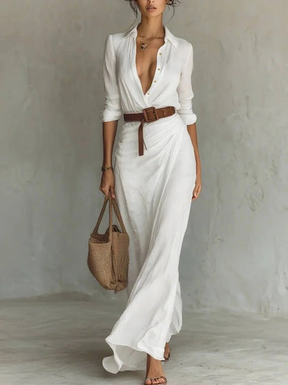 Women's Elegant Solid Color Asymmetrical Pleated Dress with Belt