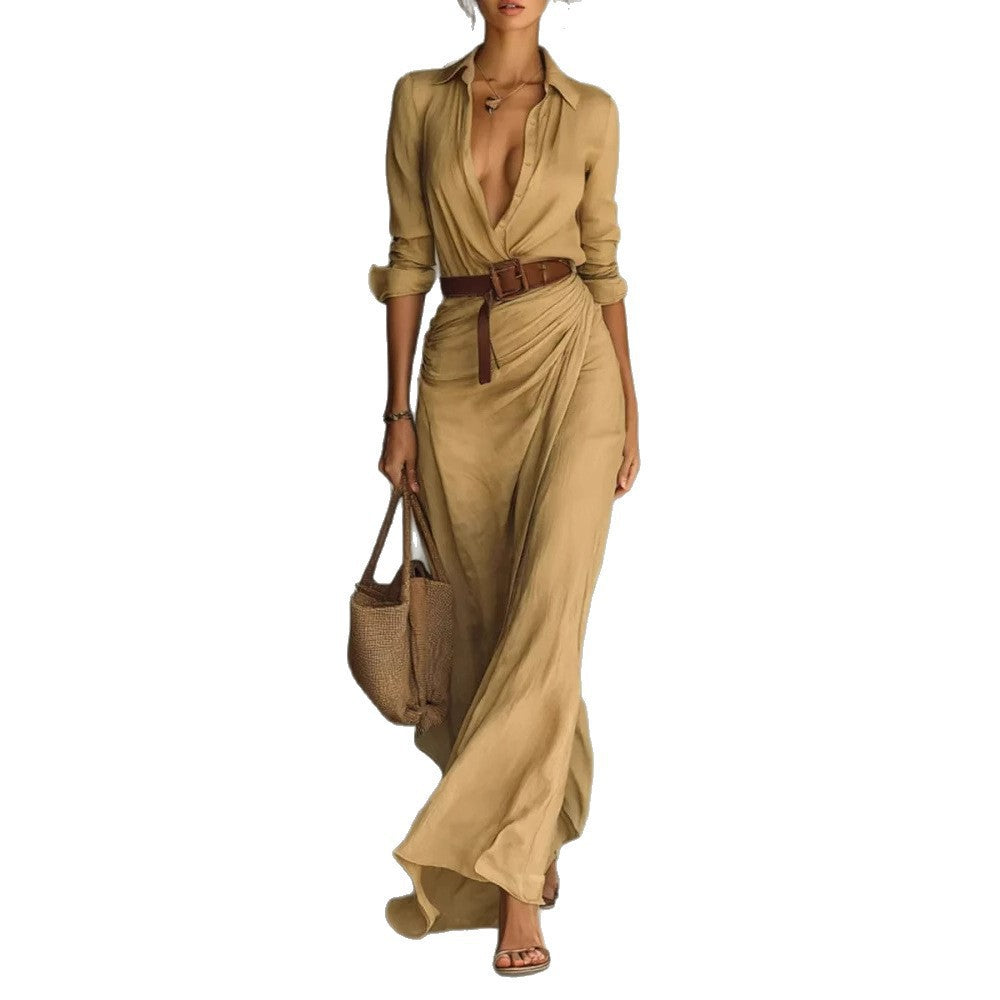 Women's Elegant Solid Color Asymmetrical Pleated Dress with Belt