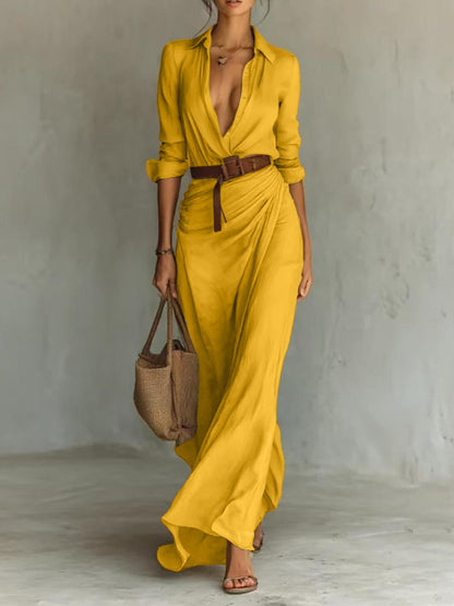 Women's Elegant Solid Color Irregular Pleated Dress with Belt