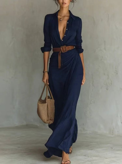 Women's Elegant Solid Color Irregular Pleated Dress with Belt