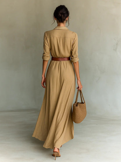 Women's Elegant Solid Color Irregular Pleated Dress with Belt
