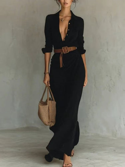 Women's Elegant Solid Color Irregular Pleated Dress with Belt