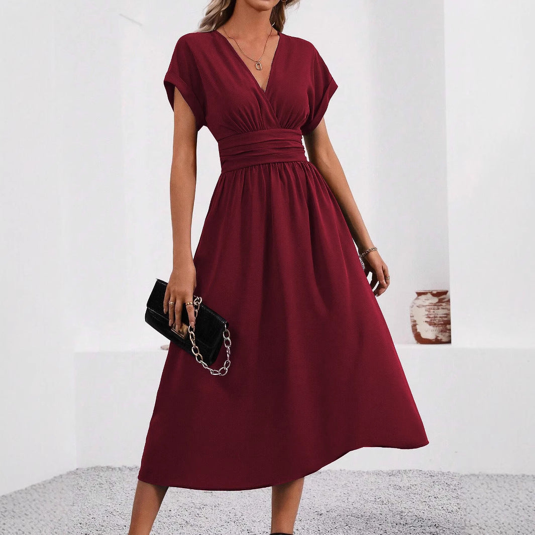 Women's Elegant V-Neck Bat Sleeve Dress