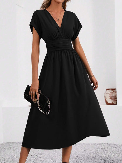 Women's Elegant V-Neck Bat Sleeve Dress