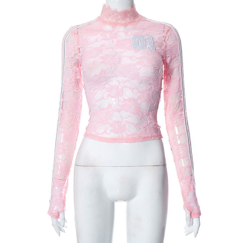 Women's Embroidered High Neck Lace Long Sleeve T-Shirt