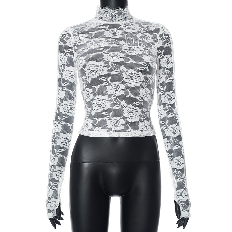 Women's Embroidered High Neck Lace Long Sleeve T-Shirt