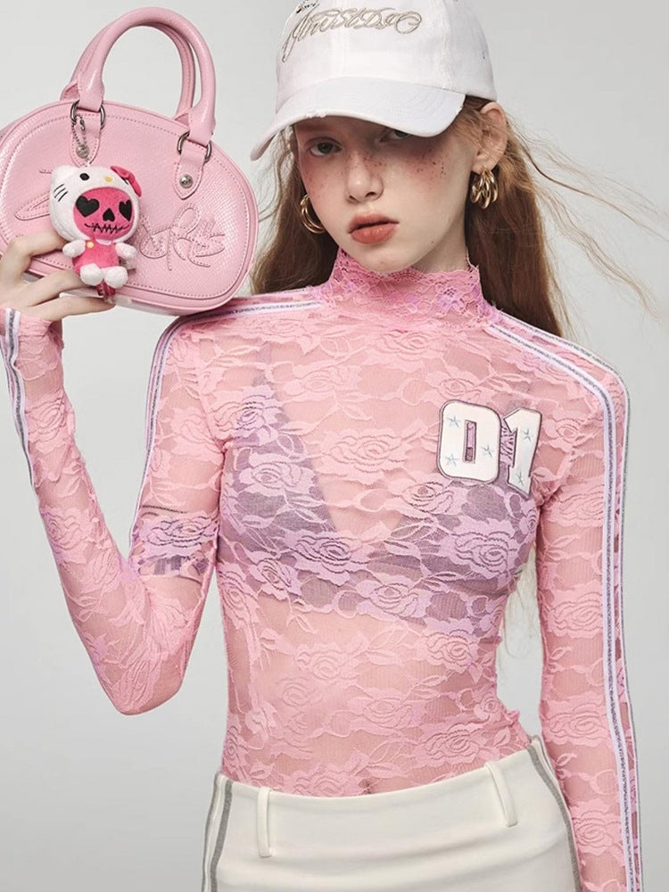 Women's Embroidered High Neck Lace Long Sleeve T-Shirt