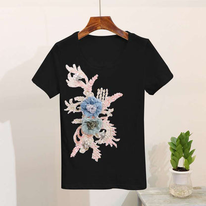 Women's Embroidered Short Sleeve and Ripped Jeans Casual Set